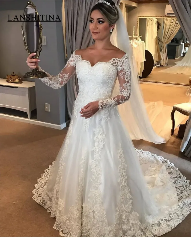 Luxury Long Sleeves A-line Bridal Gowns Lace Embroidery Vestidos De Novia Court Train 2019 V-neck Royal Wedding Dresses | Свадьбы и