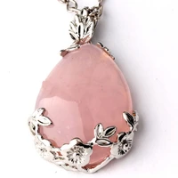 trendy beads silver plated natural rose pink quartz with leaf flower water drop pendant fashion jewelry