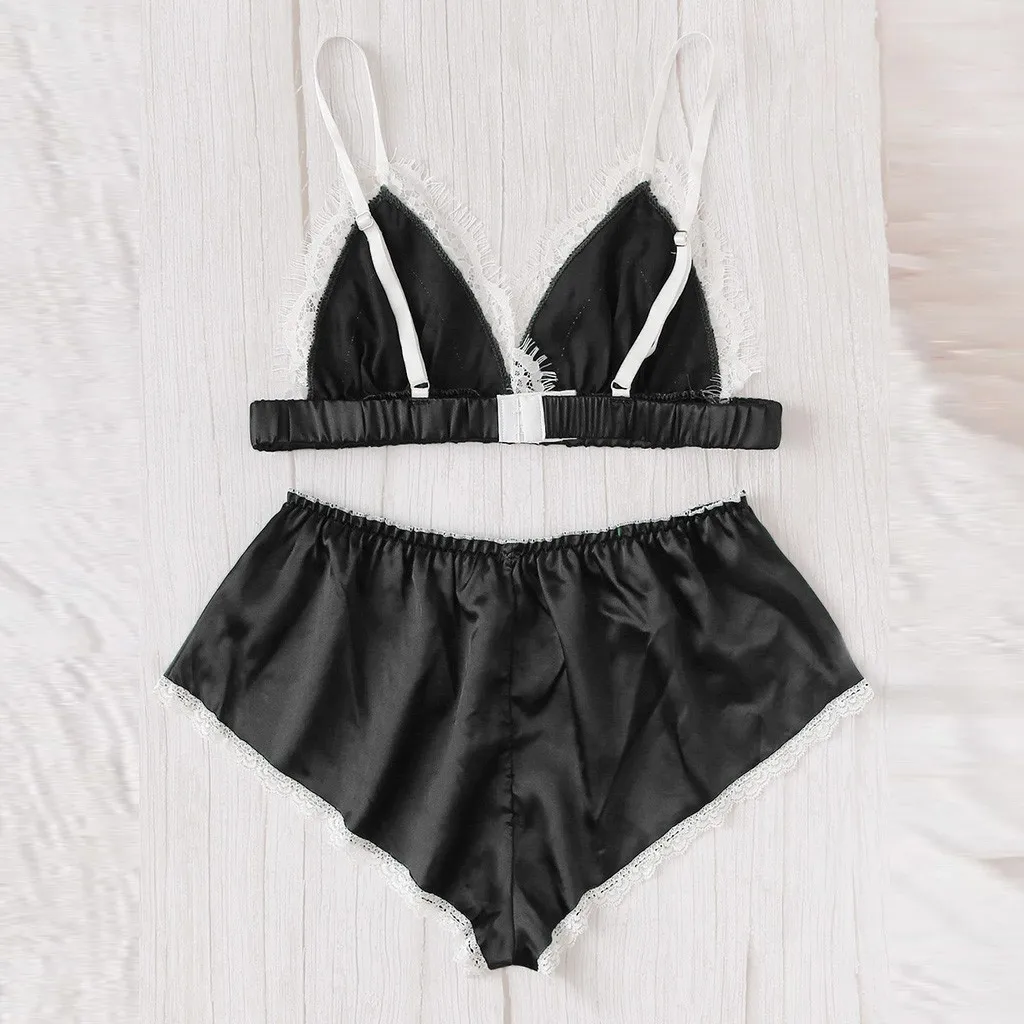 

Fashion Pajamas For Women Silk Lace Pijama Mujer Splic Stain Lingerie Bowknot Set Pajamas Bra Shorts Sleepwear