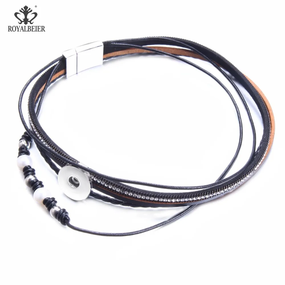 

1pcs Nature Bracelet Multiple Layers Leather Bracelet Fit 18mm Snap Button Magnet Buckle For Women Vintage Bracelet&Bangle