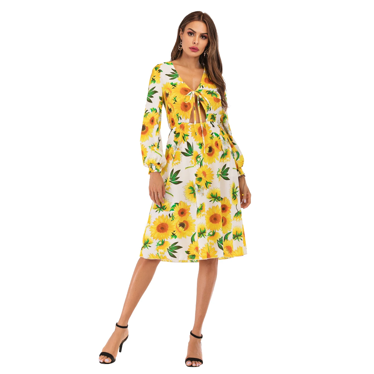 

Hot Sale Summer Dress For Women Acetate Fiber Slim Dress Elegant Mid-Long Style Deep V Backless Beach Dress Floral Printed Boho