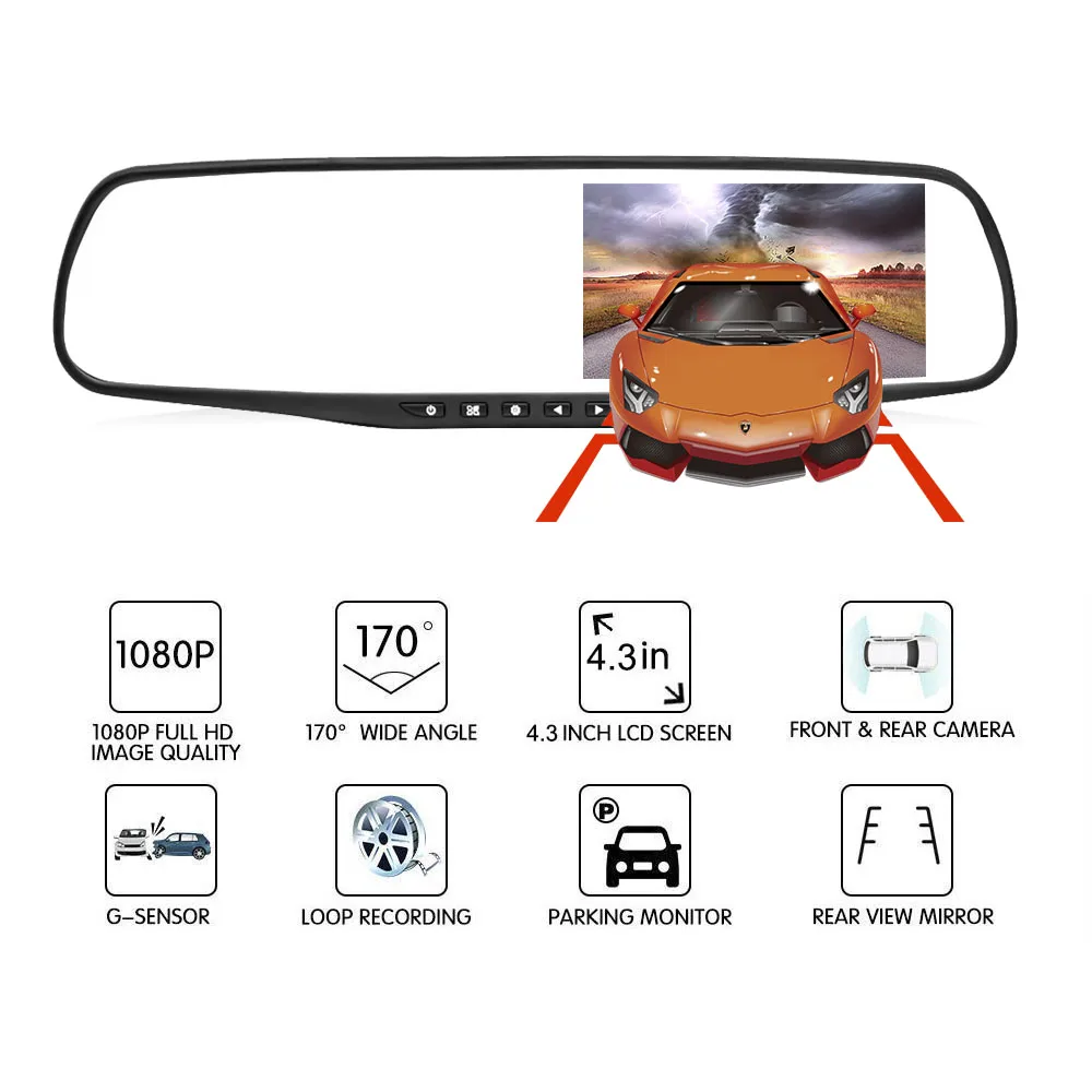 HGDO 4 3 ''FHD 1080P двойной объектив Автомобильный видеорегистратор Белое Зеркало