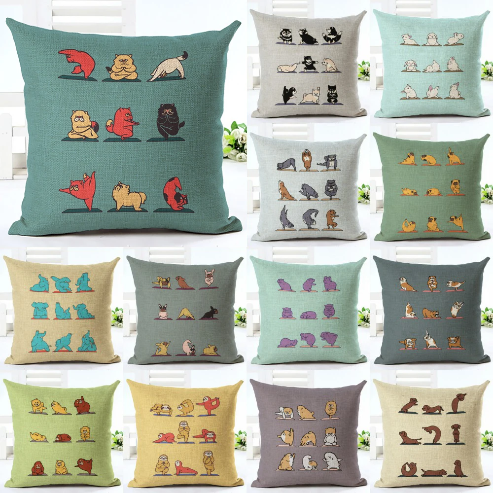 Чехол для подушки из хлопка и льна с изображением животных йоги|Наволочки| |