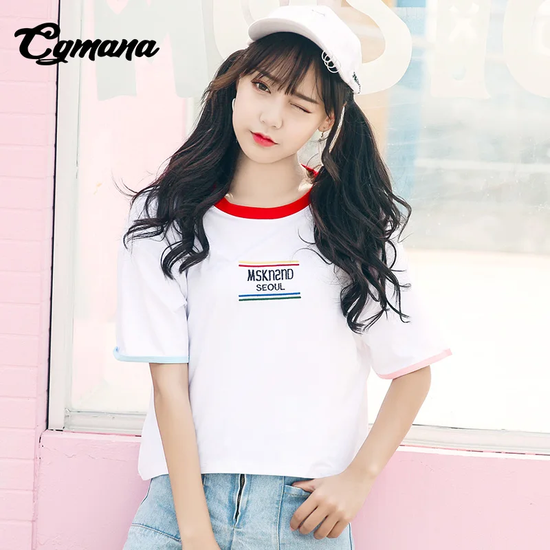 Cgmana футболка Для женщин 2018 Корея ulzzang Лето Письмо Вышивка свободные короткими