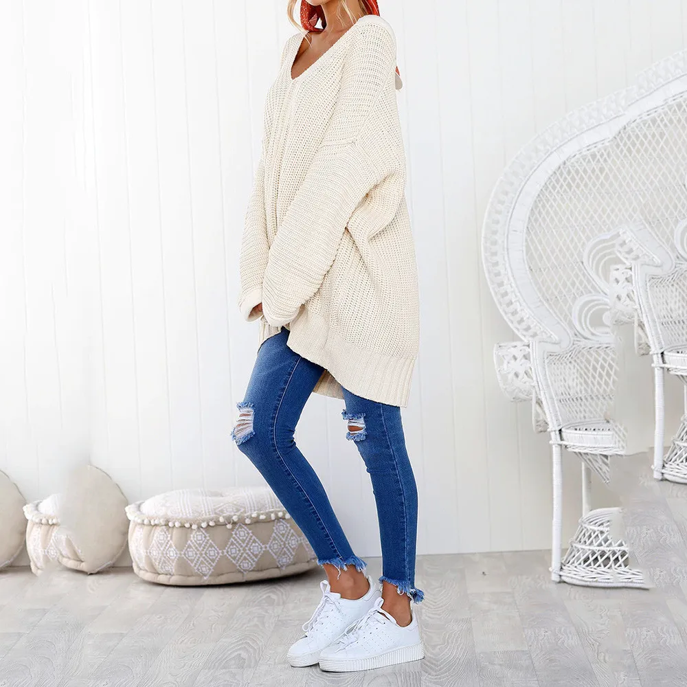 JAYCOSIN Hot Fashion Womens Solid Color Casual Long Sleeve V-Neck Jumper Sweaters Blouse Tops High Quality Sweater New | Женская одежда