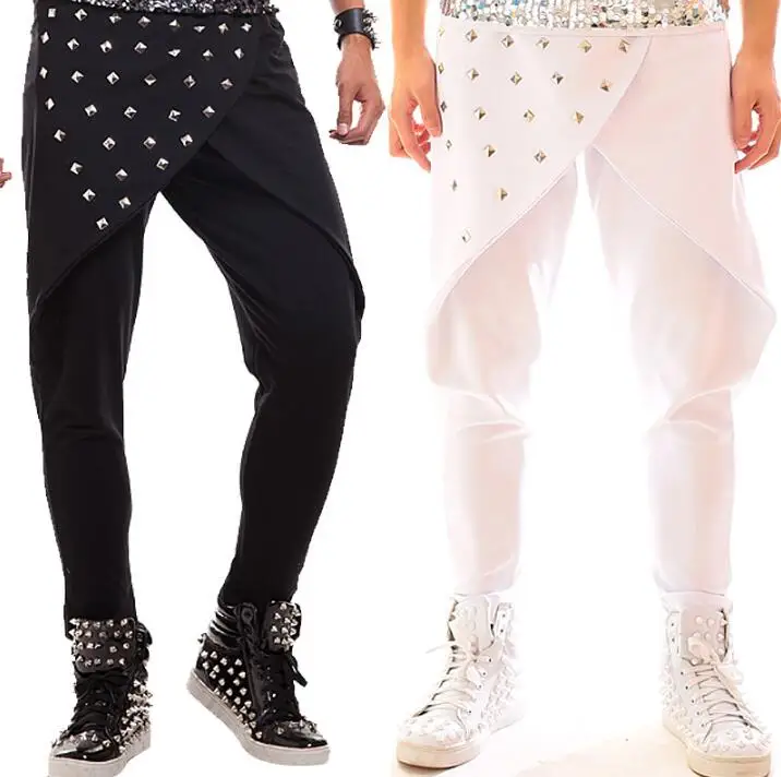 Мужские штаны с заклепками для сцены шаровары певицы танцев рок pantalon homme street