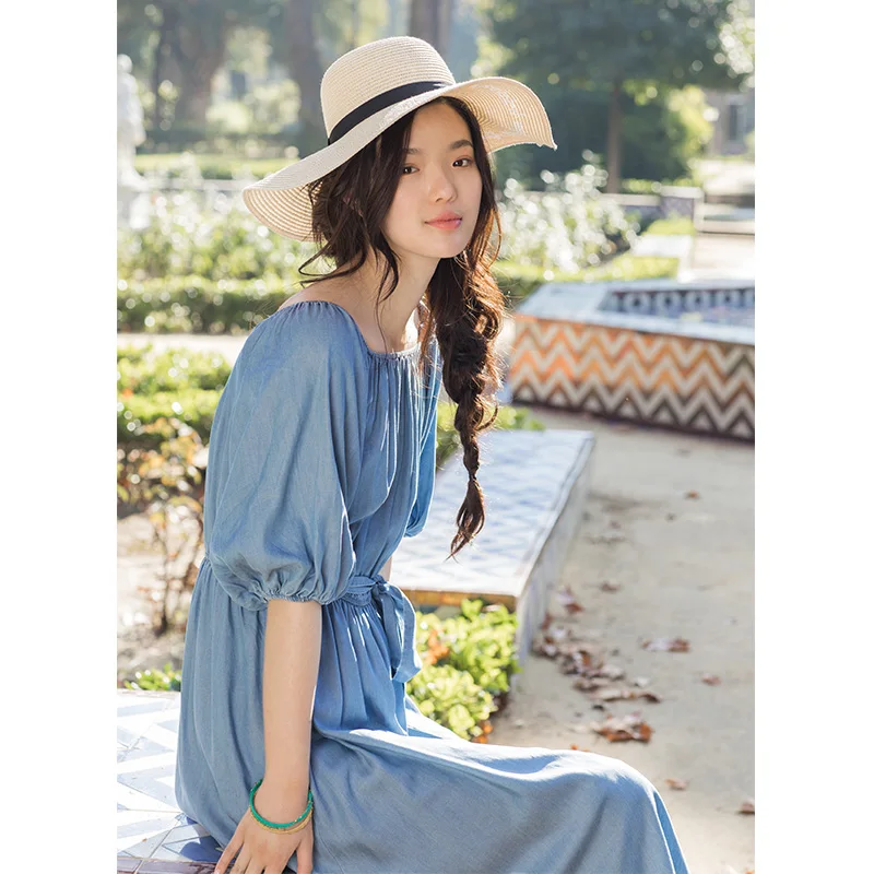 Inman 2018 Summer New Elastic Folds Two Way to Wear Slash Collar Puff Sleeves Belt Waist Women Denim Dresses | Женская одежда