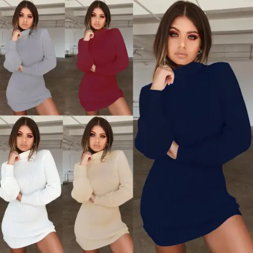 2018 New Winter Women Turtleneck Knitwear High Neck Sweater Dress Lady Fashion Casual Long Sleeve Jumper | Женская одежда