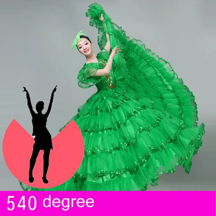 540 degree Испанская коррида танцевальная юбка в стиле фламенко бальный стиль женское атласное платье Цыганский костюм для сценических выступлений танцевальный костюм DN3043 - Цвет: 540 degree
