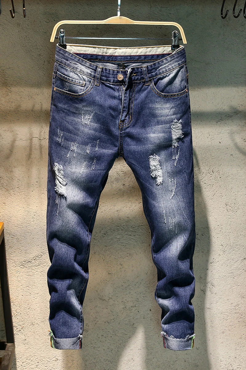 ClassDim хорошее качество мужские хлопковые синие джинсы с дырками зауженные новые