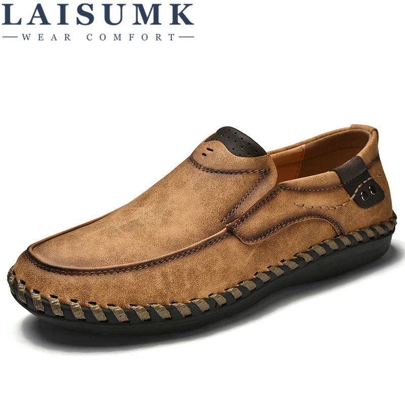

LAISUMK Men Casual Driving Shoes Leather Loafers Shoes Men Fashion Handmade Soft Breathable Moccasins Flats Slip on Footwear