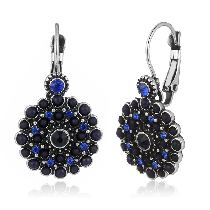 Женские круглые Висячие Серьги серебряного цвета из сплава винтажные синие