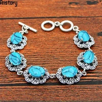 oval blue stone bracelet plum flower design vintage look antique silver plated fashion jewelry tb335