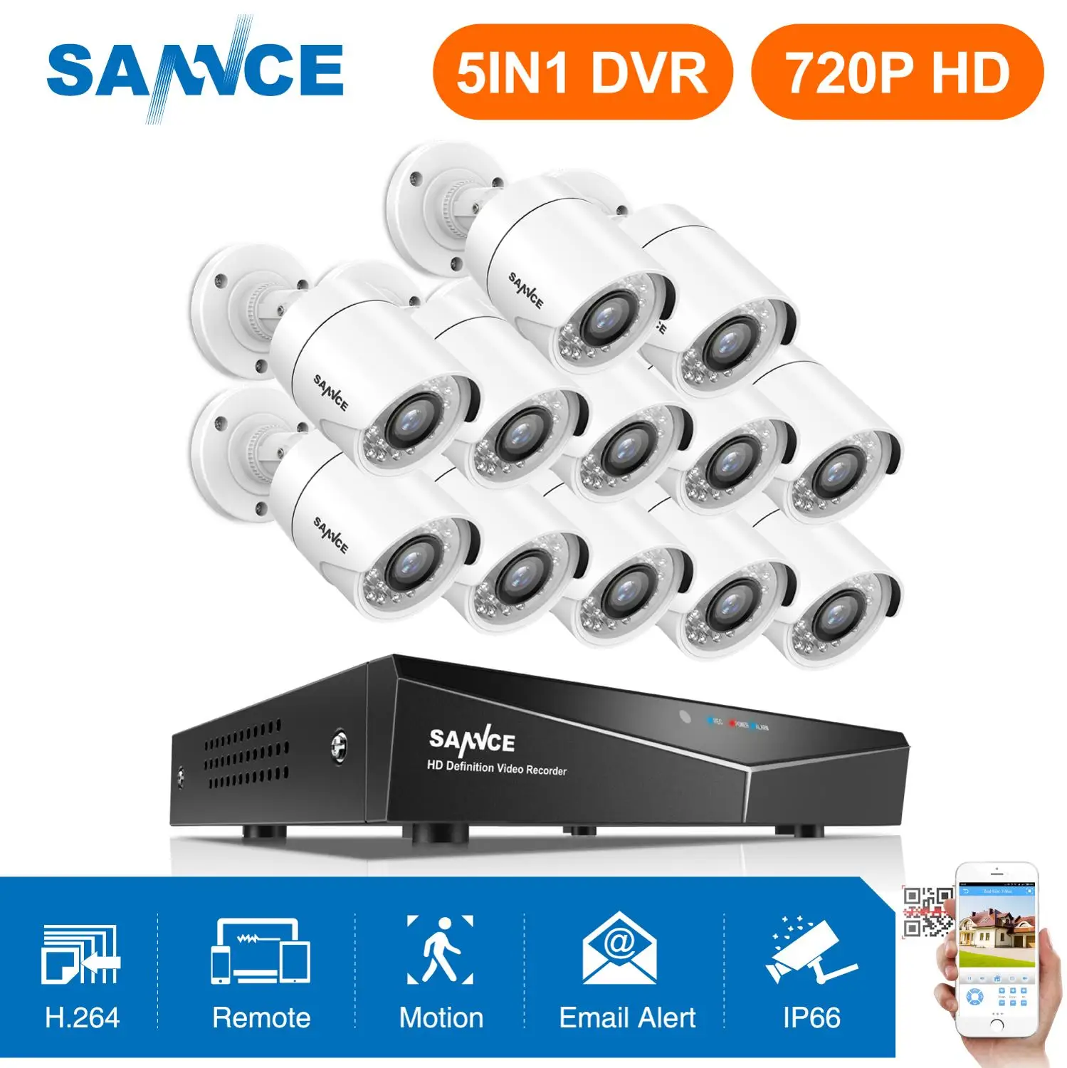 SANNCE 16CH 720P домашняя видео система безопасности 5в1 DVR с 12 шт 1MP наружная Всепогодная