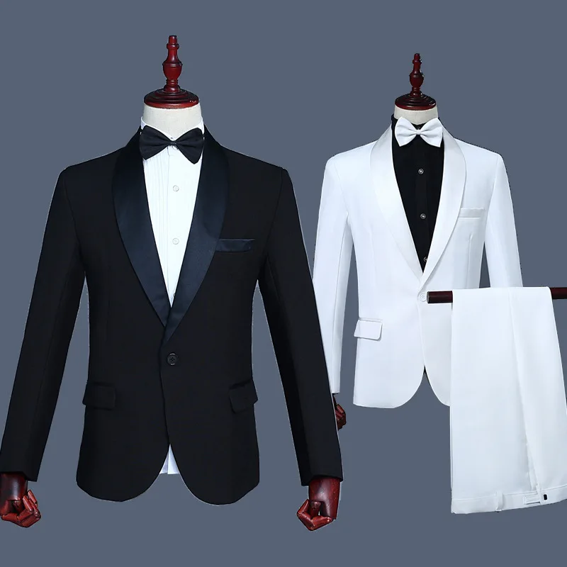 Men's Long-sleeved Set Stage Black and White Mens 2 Piece Suit Single Breasted Straight White Black Suits Men