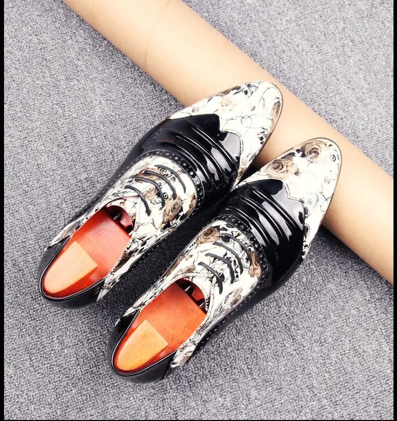 

High Heels Dress Shoes Men Lace Up Printed Mix Colour Patent Leather Height Increasing Nightclub Party Smart Casual Shoes