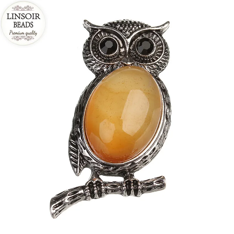 LINSOIR Fashion Metal Alloy Animal Owl Charms Pendants 48*29mm Natural Stone For Diy Necklace Jewelry Making F5518 | Украшения и