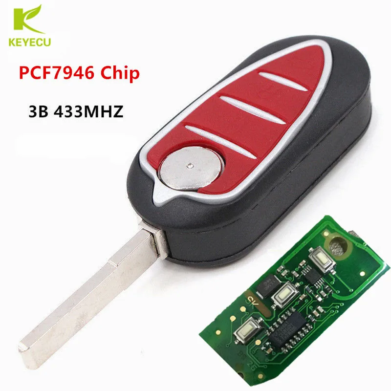 Запасной 3 кнопочный складной дистанционный ключ KEYECU 433 МГц PCF7946 для Alfa Romeo Mito 159 Brera