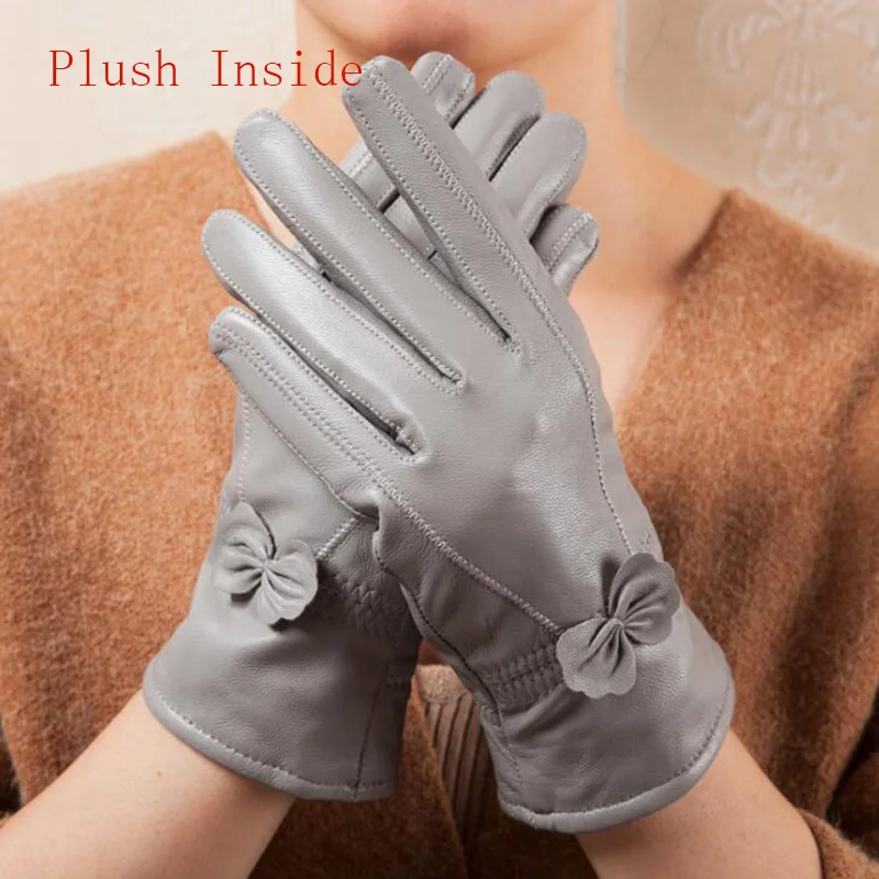 Plush Light Gray Женская обувь из натуральной кожи; из овечьей кожи бабочка knotl перчатки женские зимние тонкие/плотная обувь с подкладкой из плюша, кашемир теплый спортивный костюм с водительские перчатки L74 - Цвет: Plush Light Gray