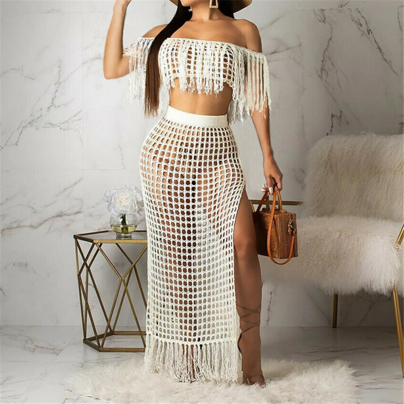 

2Pcs Women Cover Up Tassels Crop Top Long Skirt Beach Dress Sundress Bikini Cover Up Solid Bathing Suit Cover-ups Beach Wear