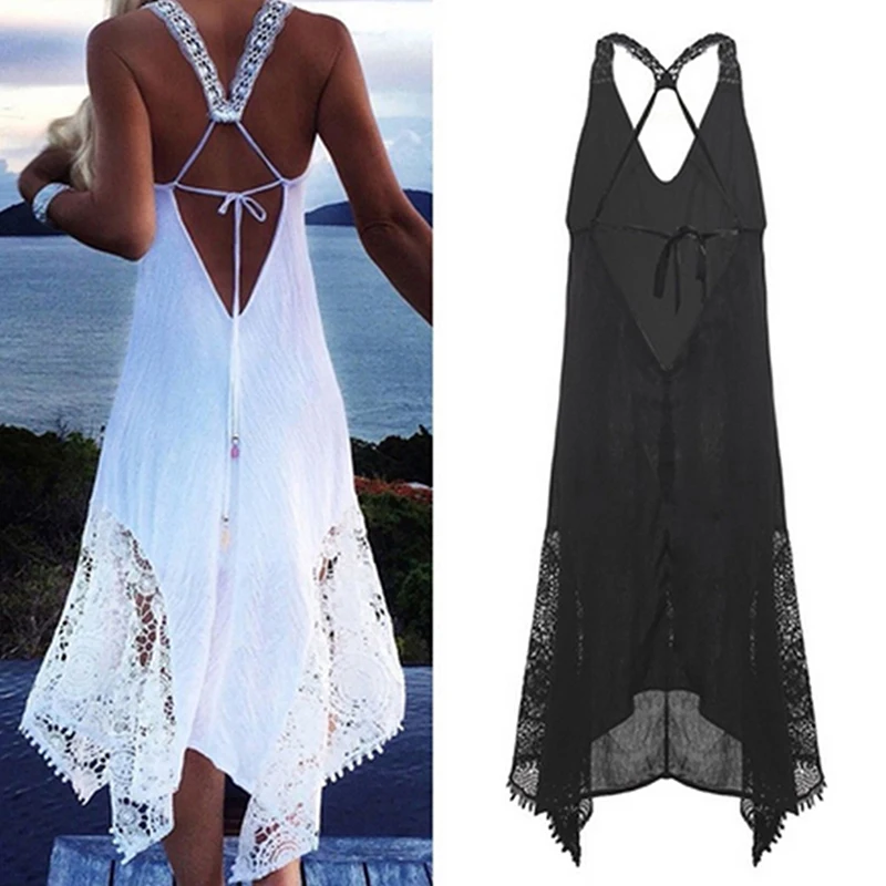 В стиле бохо женское длинное платье с открытой спиной и лямкой на шее Макси пляж
