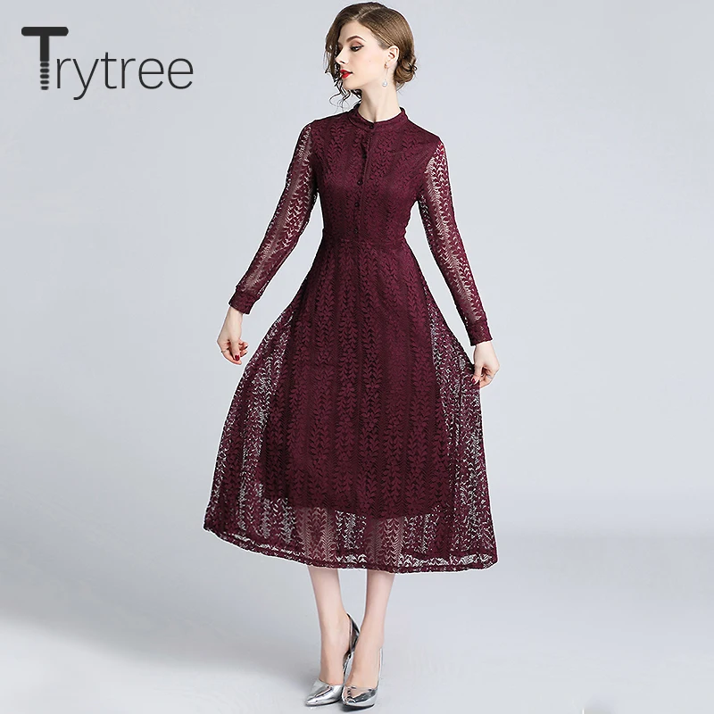 Женское кружевное платье Trytree однотонное темно красное офисное трапециевидной