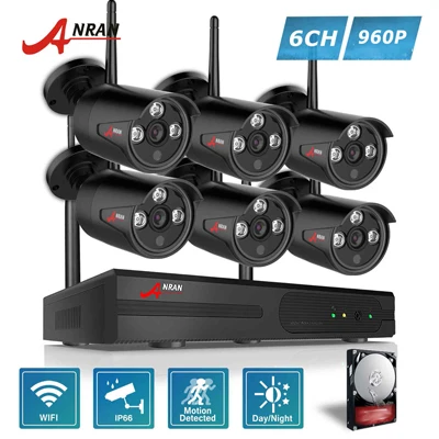 Черный ANRAN Plug and Play P2P 8CH NVR Беспроводная система видеонаблюдения 6 шт 960P HD H.264 Мини Домашняя безопасность видео wifi IP камера комплект видеонаблюдения - Цвет: Черный