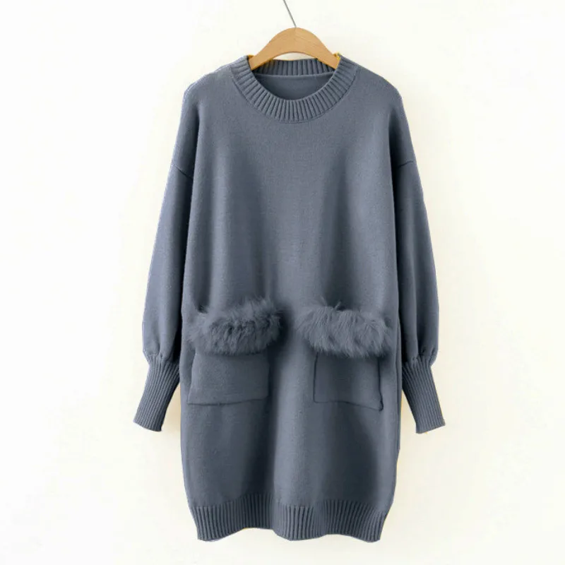 Winter Long Knitted Sweater Dress Loose Long-sleeved Women's Faux Fur Rabbit Hair Stitching Double Pockets Pullover Tops | Женская