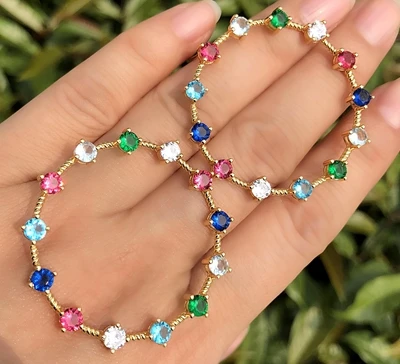 Gold plated Круглые большие серьги с мощеным разноцветным кубическим цирконием для женщин, золотая, радужная серьга Boho, модные вечерние ювелирные изделия - Окраска металла: Gold plated