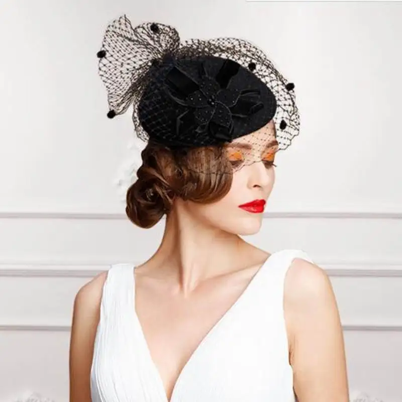 Шляпка Таблетка для женщин черная Вуалетка из 100% австралийской шерсти с фаткой