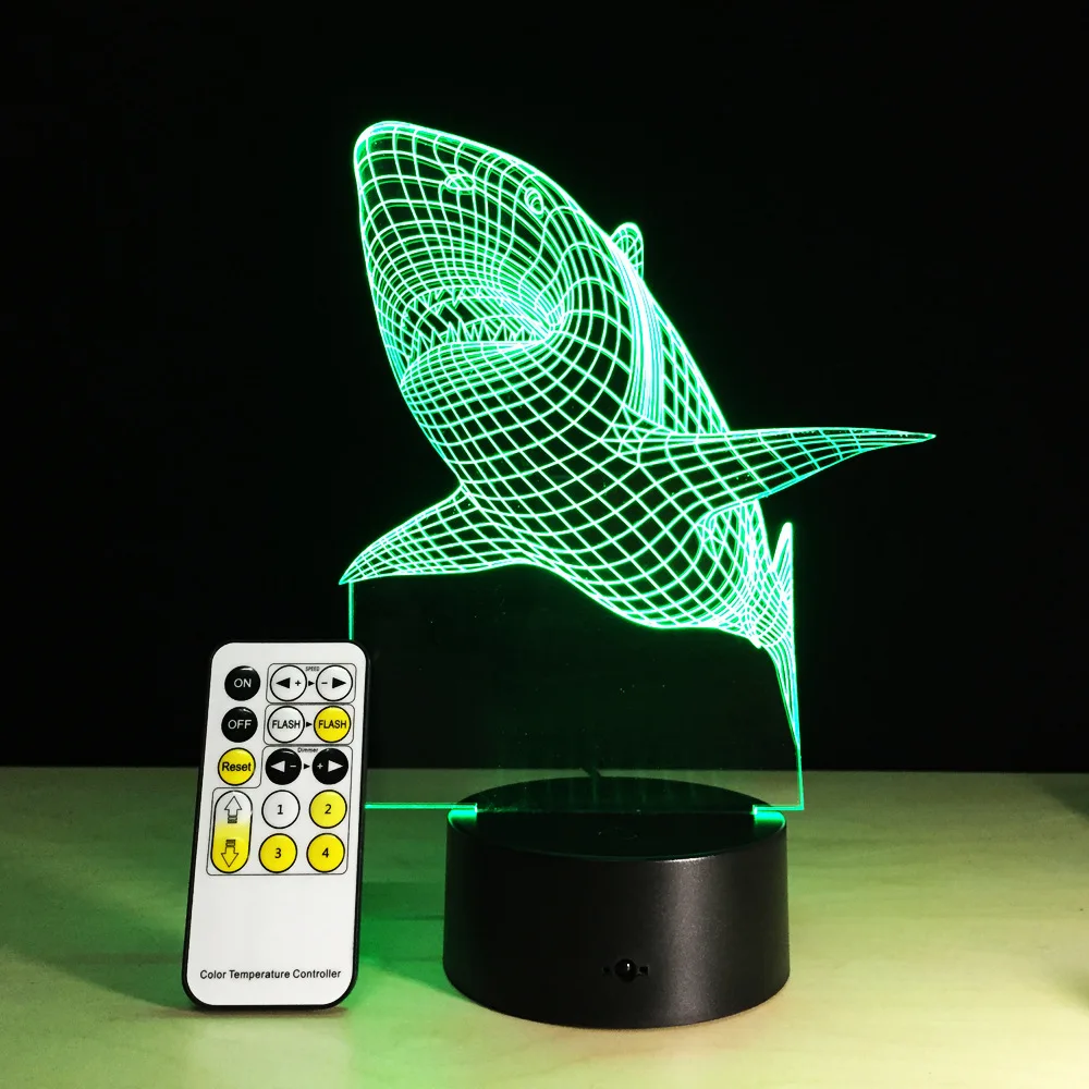 Акула Рисунок Красочные стерео видение LED постепенное изменение 3D лампа семь