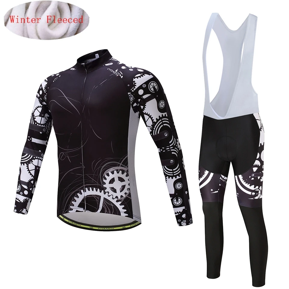fleece bib set Зимний комплект одежды для велоспорта из теплого флиса, CYCEARTH, Мужская теплая трикотажная куртка, одежда велосипедная нагрудник, брюки, Maillot Ropa Ciclismo - Цвет: fleece bib set