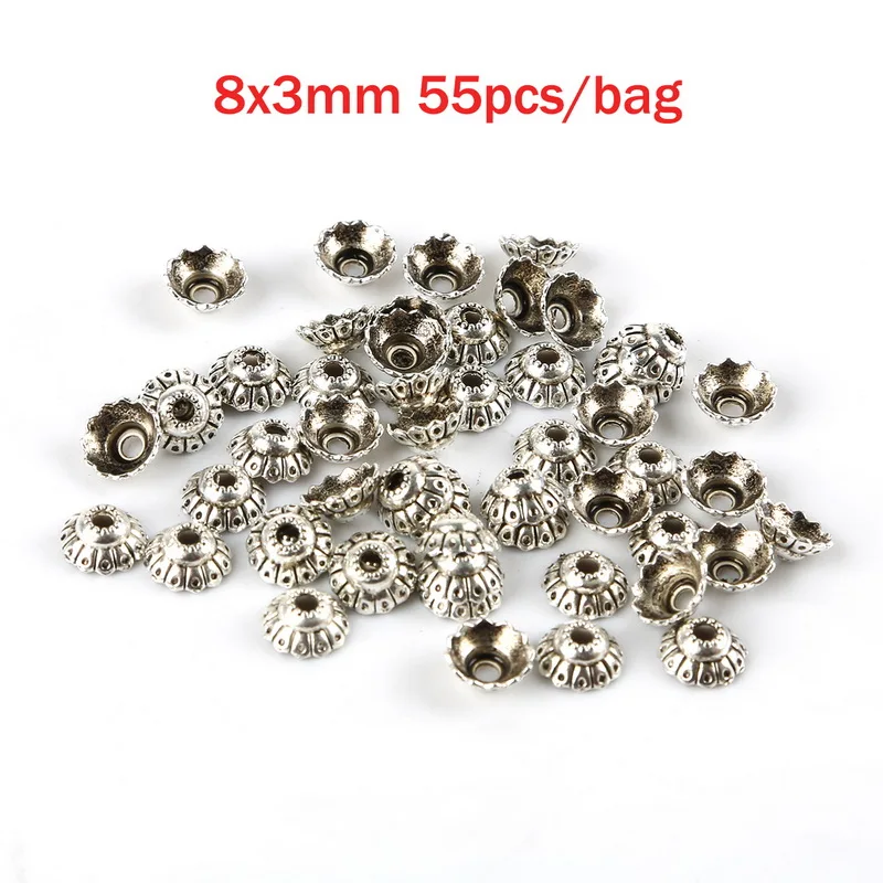 8x3mm 55pcs 35 стилей бусины колпачки Тибетский античный серебряный цвет цветок концевые колпачки для изготовления ювелирных изделий Рукоделие Diy аксессуары - Цвет: 8x3mm 55pcs
