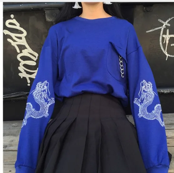 Autumn Women Pullover Loose Chinese Dragon Pattern Harajuku Sweatshirt Feminine Black Blue