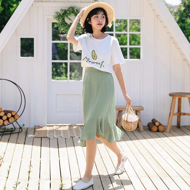 2020 Summer Female Students Clothes Set Letters Embroidered Cotton T-shirts+Irregular Ruffles Skirts Twinset Women Suits |