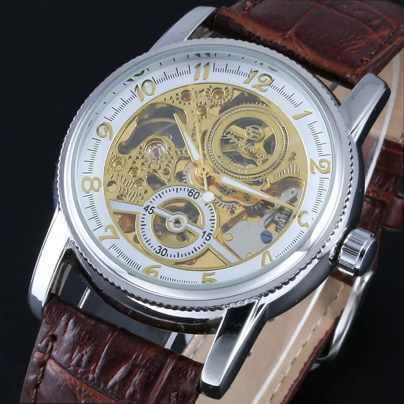 Часы с кожаным ремешком Winner автоматические механические часы бриллиантом для