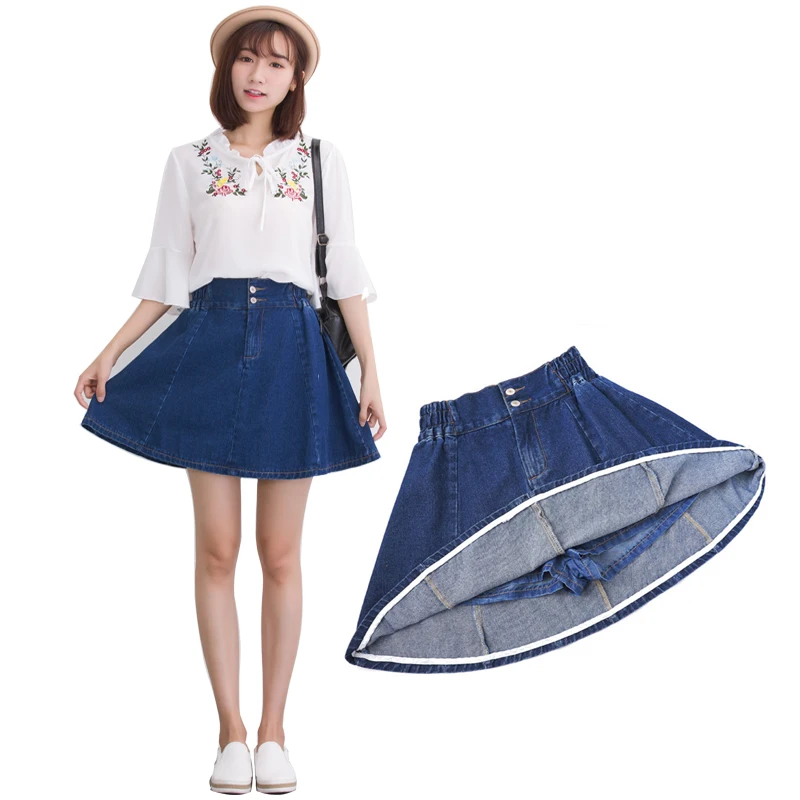 

Flexible waist denim women skirts 2019 summer new blue A-line short skirts lady elegant loose skirts top quality