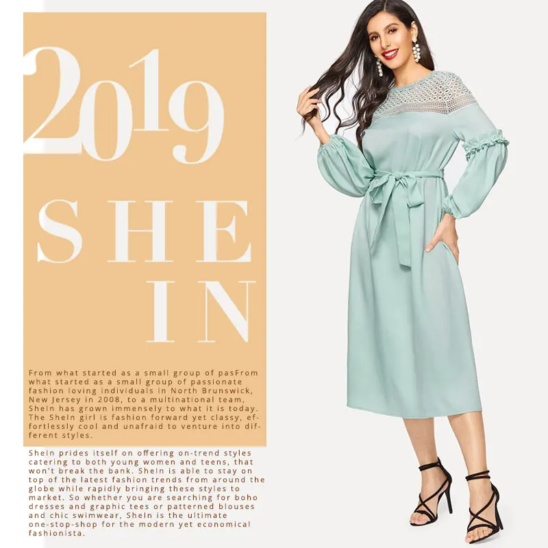 SHEIN Платье С Оригинальным Рукавом И Поясом Винтажное Платье С Кружевными Вставками Стильное Макси Платье