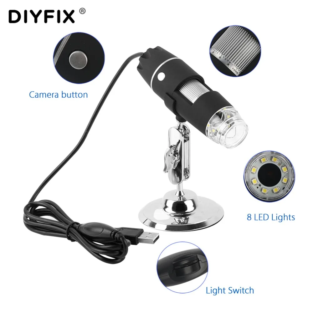 DIYFIX электронный 8 LED 1000X/500X USB цифровой микроскоп Эндоскоп камера зум Лупа с