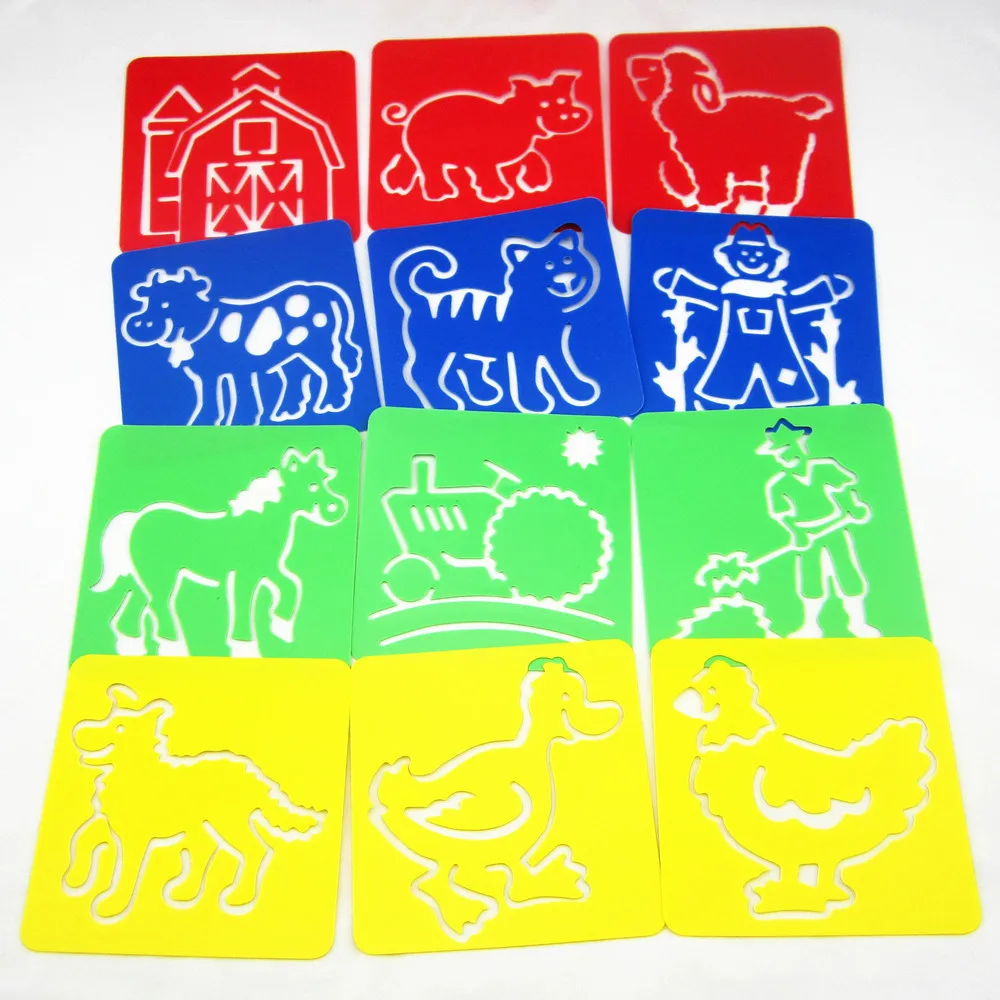 

12Designs/set Stencils for painting Kids farm drawing templates Plastic boards Baby hot toys for children Washable128x128x0.6mm