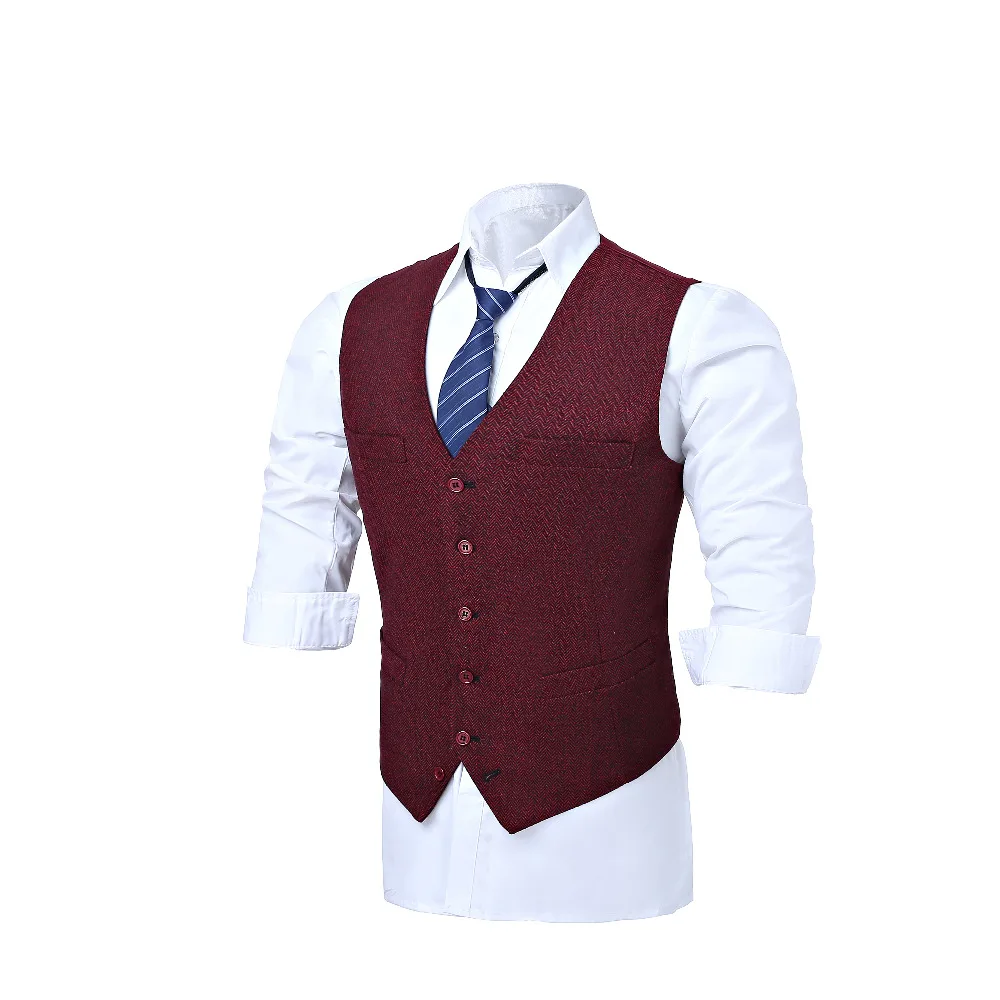 Красный шерстяной смешанный твидовый жилет в елочку тонкий мужской костюм на