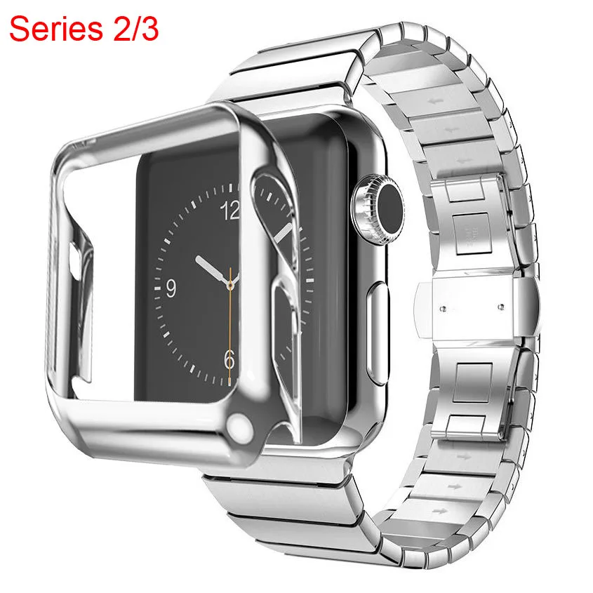 Silver Защитный чехол+ браслет из нержавеющей стали для Apple Watch Series 3 2 ремешок для iWatch ремешок позолоченный чехол 42 мм 38 мм - Цвет ремешка: Silver