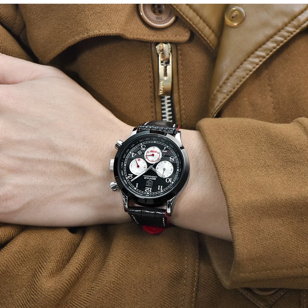 BENYAR Sport Watch Men Luxury Brand Genuine Leather Quartz Chronograph Waterproof With 3 Dials Male Wrist Clock | Наручные часы
