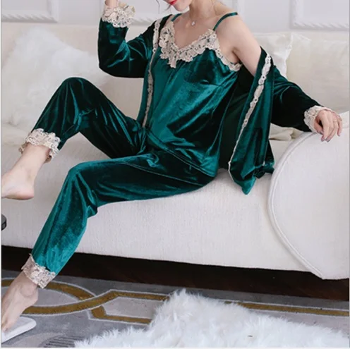 style 3 green Новая осенне-зимняя кружевная Женская пижама с v-образным вырезом, сексуальное нижнее белье, наборы, кружевная Пижама, бархатная Пижама, толстая домашняя одежда - Цвет: style 3 green