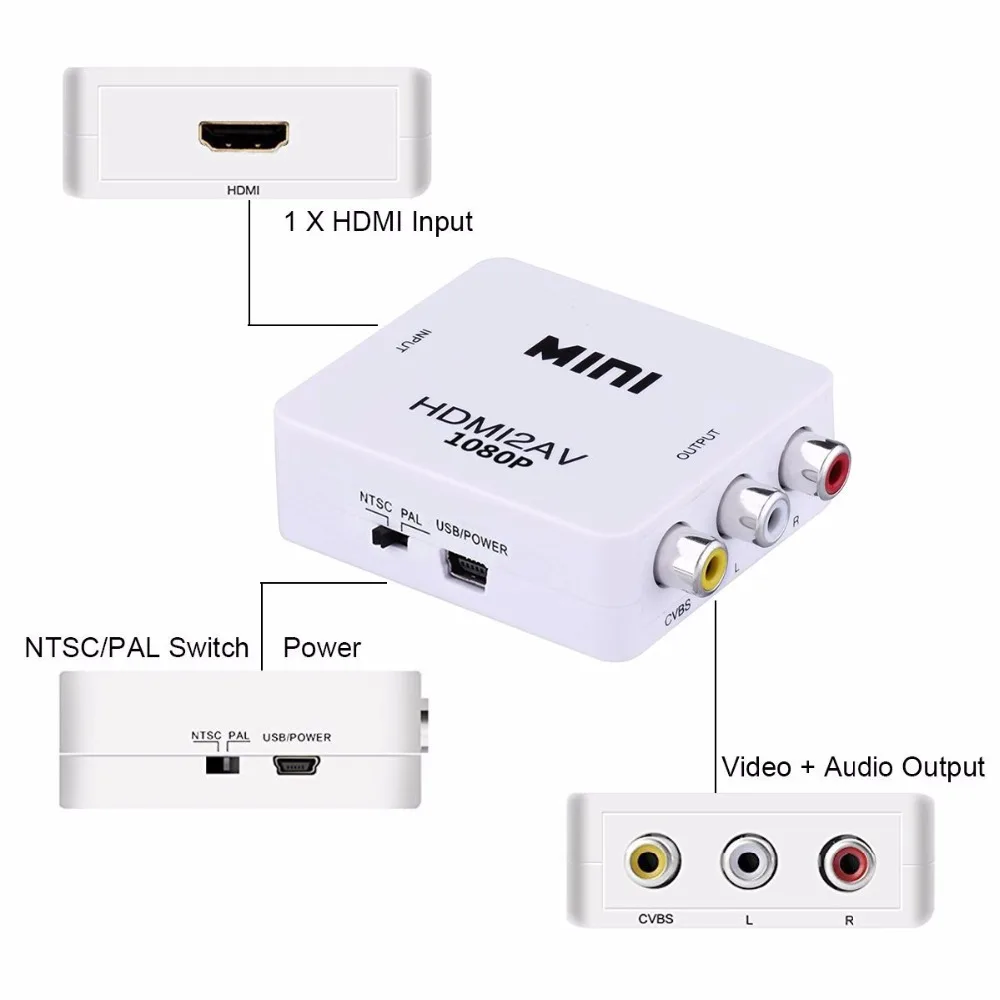 Hdmi-rca AV/CVSB L/R видео AV/RCA CVBS композитный аудио адаптер мини HDMI2AV конвертер Android tv box + USB