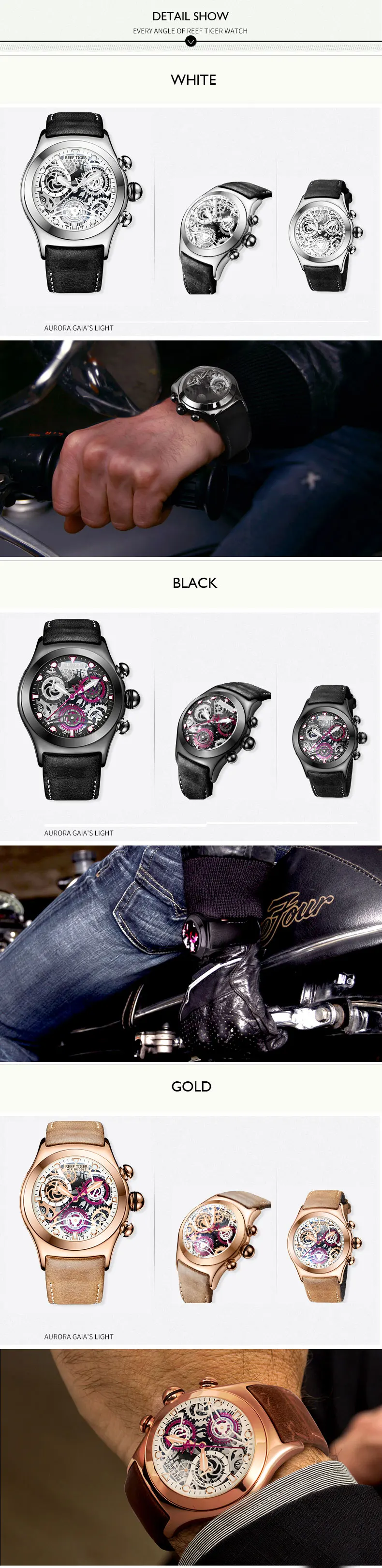 Reef Tiger Aurora Serier RGA792 мужские многофункциональные спортивные водонепроницаемые Модные кварцевые наручные часы