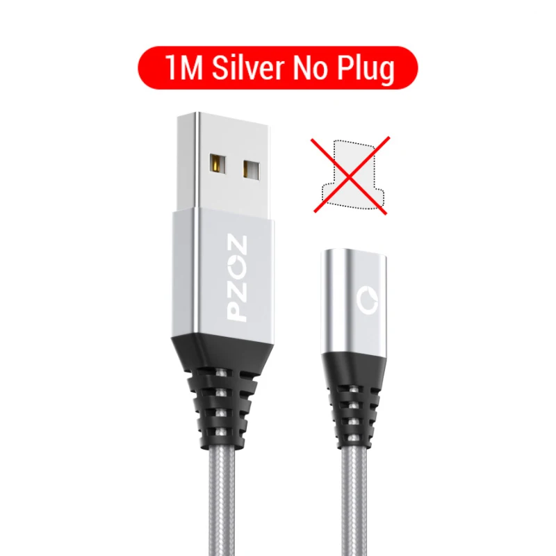 1M Silver NO Plug PZOZ Магнитный кабель Micro usb Тип C Быстрая Зарядка адаптер телефон Microusb Тип-C магнит Зарядное устройство usb c для iphone 11 pro X Max Xr samsung S10 S9 NOTE 10 9 8 xiaomi mi 9 8 6 A2 lite 6X redmi note 7 8 plus - Цвет: 1M Silver NO Plug
