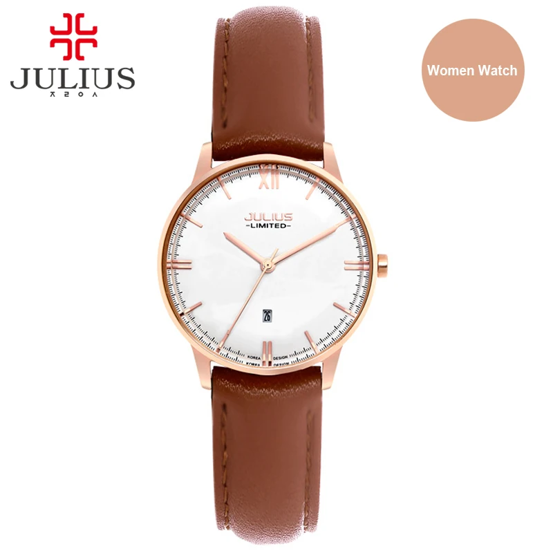 rose gold women Юлий мода кварца Японии Movt Нержавеющая сталь Завинчивающаяся задняя крышка чехол кожаный ремешок Авто Дата простые классические часы, женская обувь JAL-030 - Цвет: rose gold women