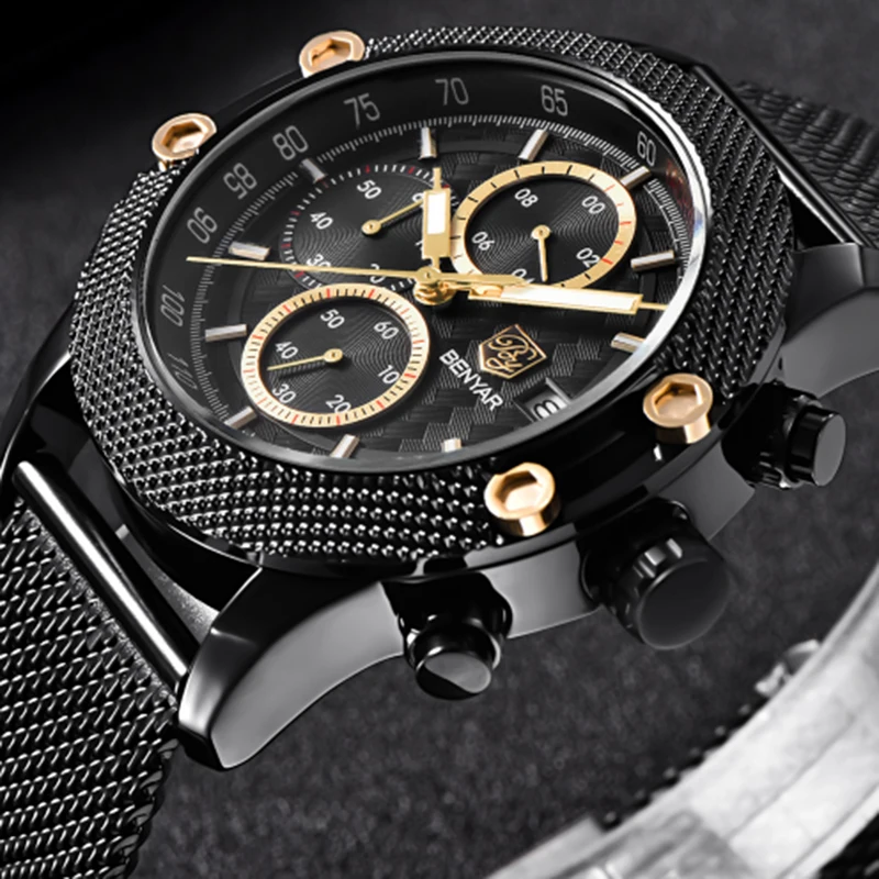 

Top Brand BENYAR Luxury Sport Chronograph Watch Stylish Men's Rubber Band Waterproof Multifuntion Stainless Steel Quartz Watch