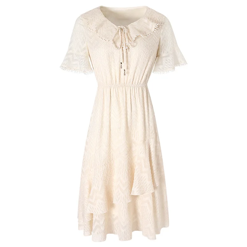 

2019 summer new brand women's solid color burnt flower irregular Dress lady slim temperament chiffon dress 63299